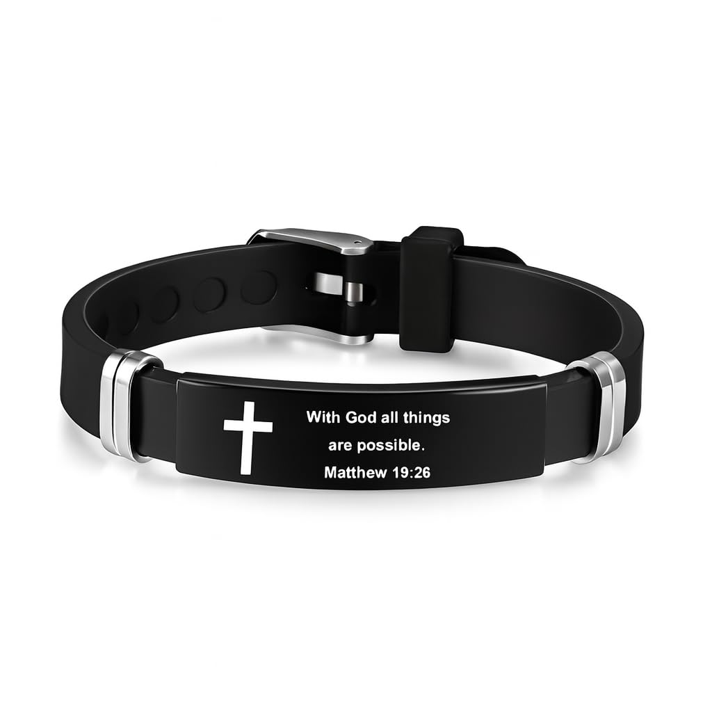 Christian Cross Bracelet with Proverbs 3:5, Phillipians 4:13, Matthew 19:26, Isaiah 41:10, Luke 1:37, Matthew 28:20 Scripture, Black Silicone Adjustable Watch Band, 9.05 inch Length