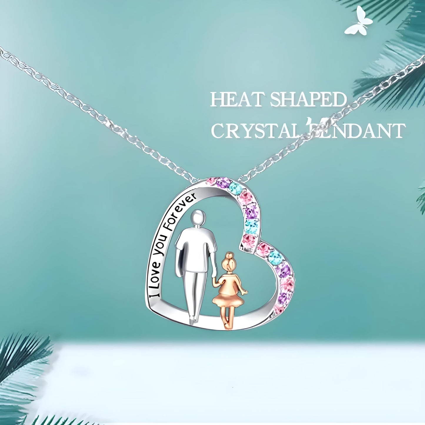 Father and Daughter Heart Necklaces, Crystal Accents, Silver Chain - 'I Love you Forever' - Father's Day Gift