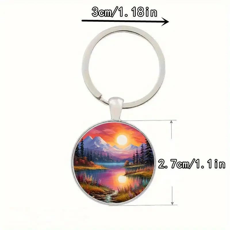 Mountain Sunset Stained Glass Art Keychain, Nature Scene Design, Round Pendant (Sunset Forest)
