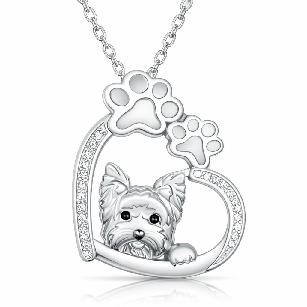 SUPAC Yorkie Dog Necklace with Heart and Paw Print Design, Silver Stainless Steel with Cubic Zirconia, 17.7 Inch Chain