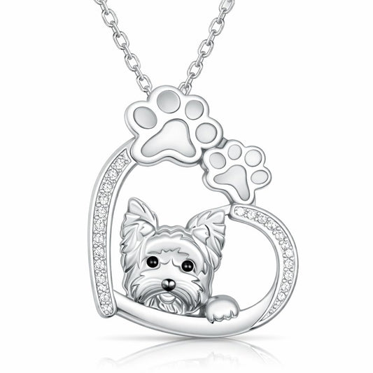SUPAC Yorkie Dog Necklace with Heart and Paw Print Design, Silver Stainless Steel with Cubic Zirconia, 17.7 Inch Chain