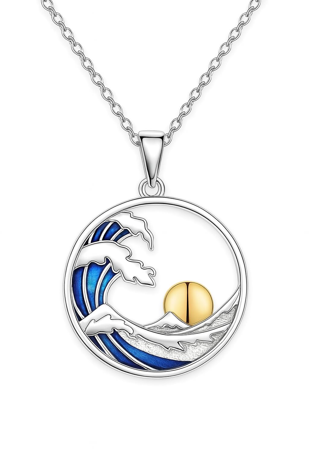 SUPAC Ocean Wave Pendant Necklace, Sterling Silver Chain, Blue Enamel and Gold Sun Design - Beach Jewlery Gift