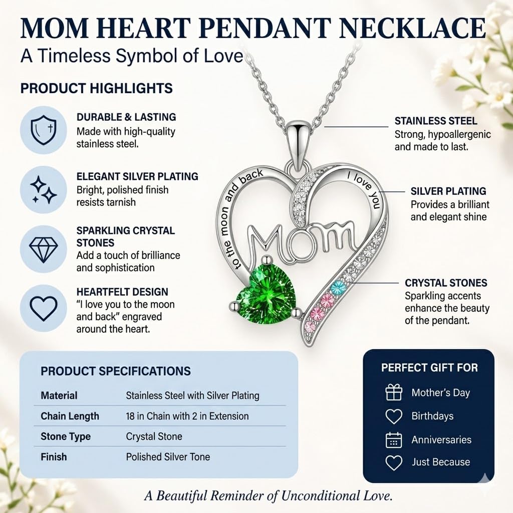SUPAC Heart Mom Necklace, Sterling Silver Crystal Pendant with Pink Heart Stone, I Love You to the Moon and Back - Mother's Day Gift