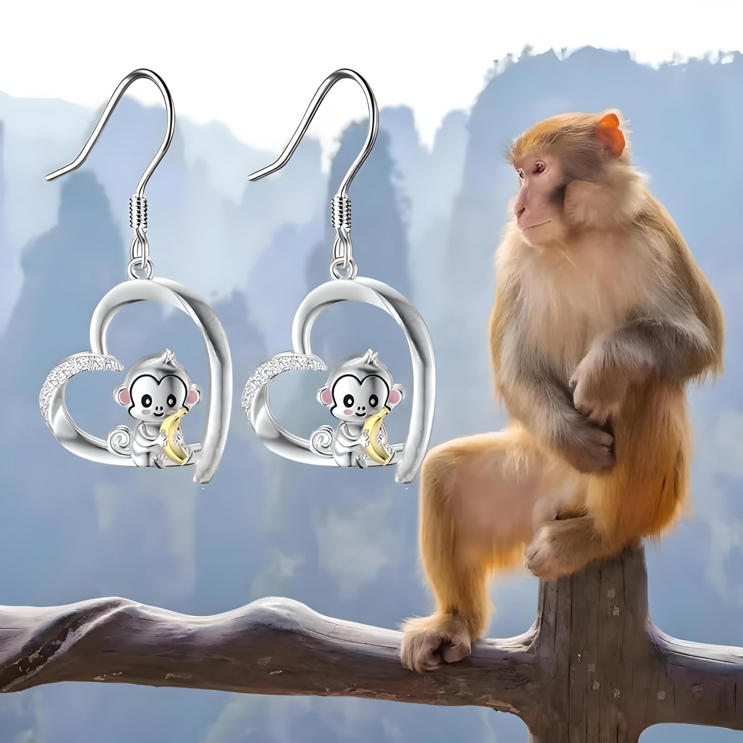 Heart-Shaped Animal Dangle Earrings, Monkey and Koala, Stainless Steel with Rhinestones, Banana Charm, Birthday or Party Gift