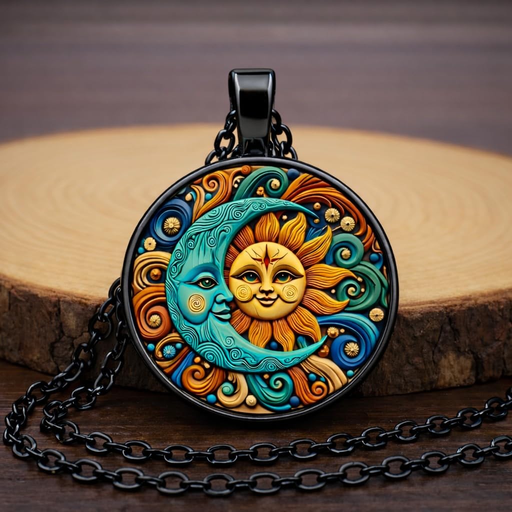 1pc Stunning Round Pendant Necklace - Unique Sun & Moon Pattern, Oil Painting Style Glass Mosaic, Alloy Construction, Trendy Sweater Chain, Fashionable Gift for Women - Christmas or Birthday Gift