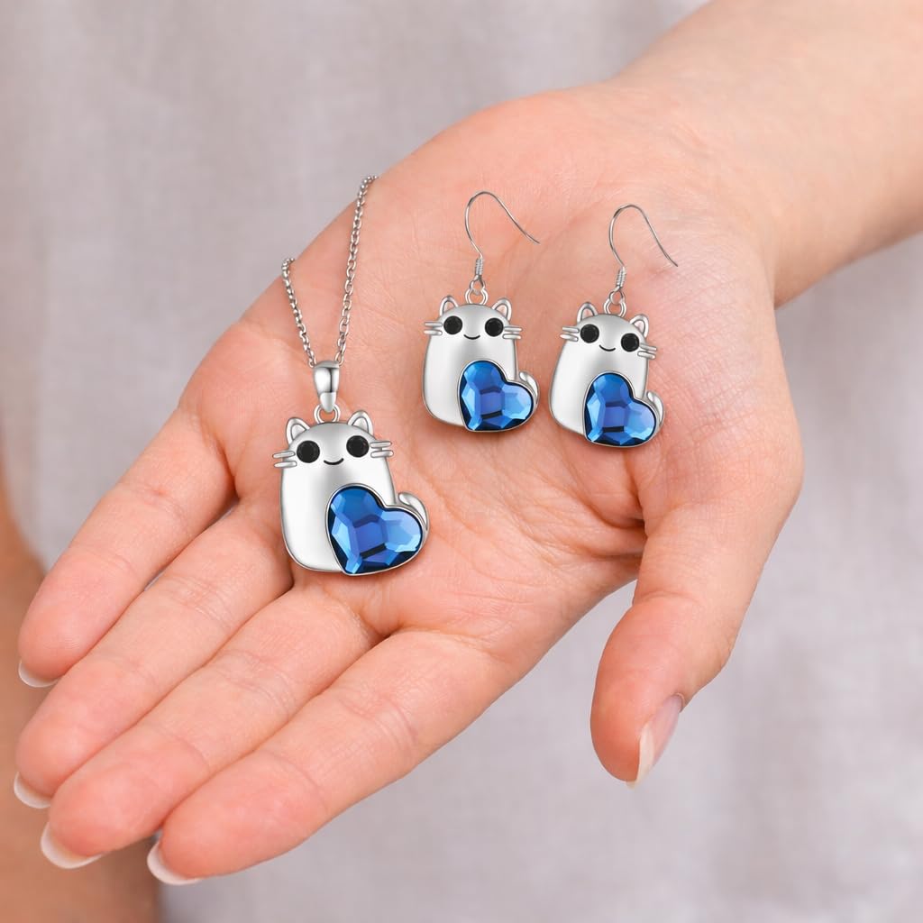SUPAC Cute Cat Blue Crystal Heart Jewelry Set, Stainless Steel Necklace, Earrings and Bracelet, Hypoallergenic