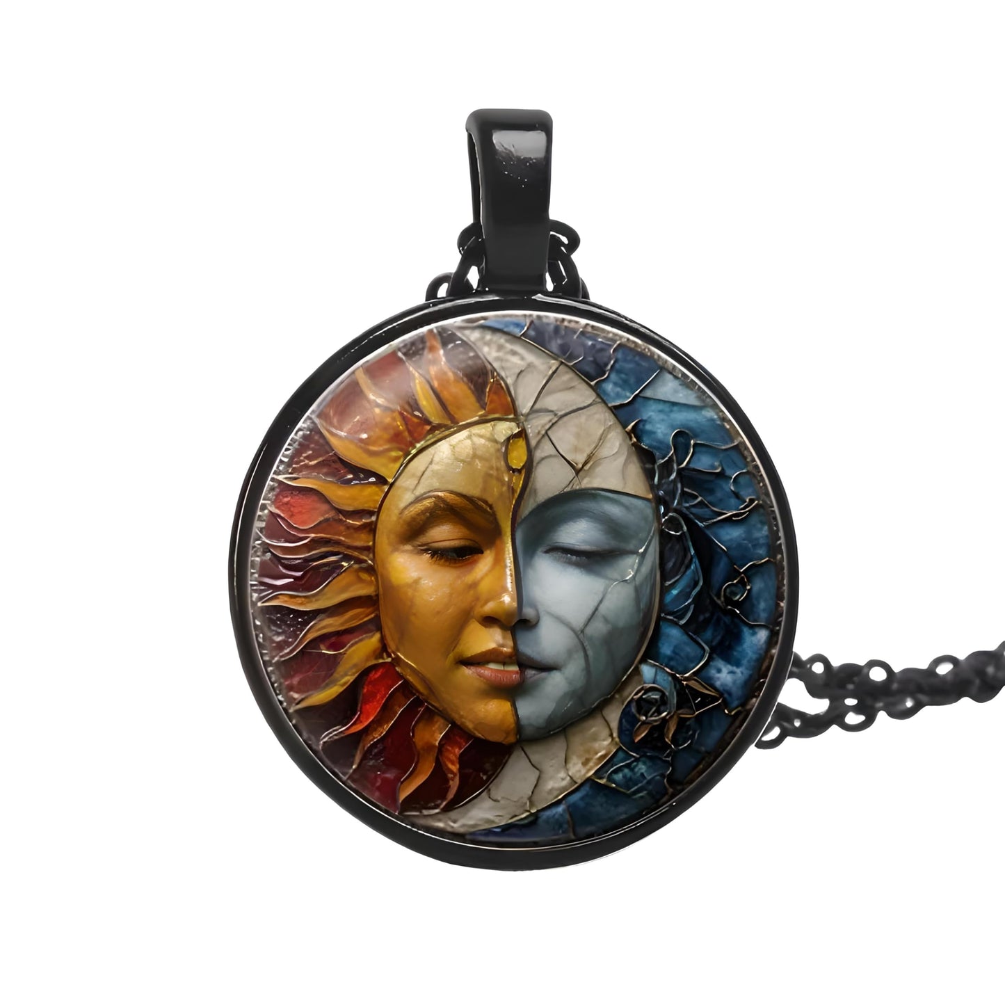 1pc Stunning Round Pendant Necklace - Unique Sun & Moon Pattern, Oil Painting Style Glass Mosaic, Alloy Construction, Trendy Sweater Chain, Fashionable Gift for Women - Christmas or Birthday Gift