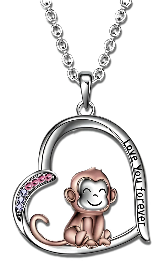 SUPAC Creative Cute Monkey Heart-shaped Pendant Necklace I Love You More, 3 Breeds of Monkey's, Little Monkey Holding Banana, Birthday Anniversary Party Gift For Animal Lovers