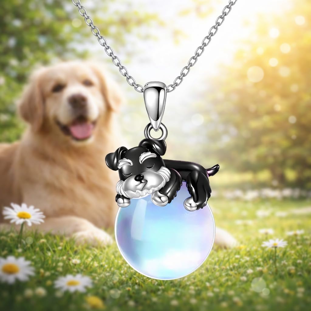 SUPAC Cute Schnauzer Dog Jewelry Set with Moonstone, Black and Blue Crystal Pendant Necklace and Dangle Earrings, 2.5 inch Length