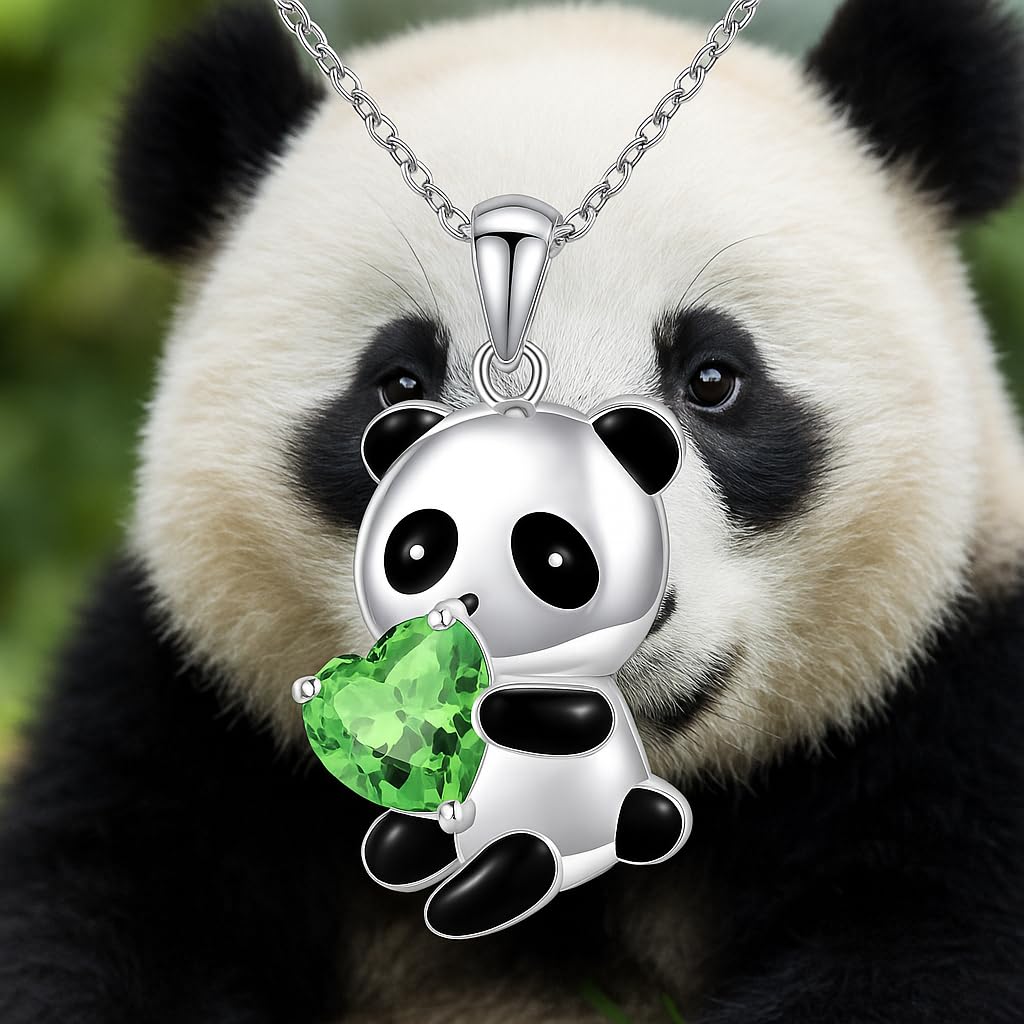 Cute Panda Heart Crystal Pendant Necklace, 17.7 inch Chain, Silver - 6+ Color Options