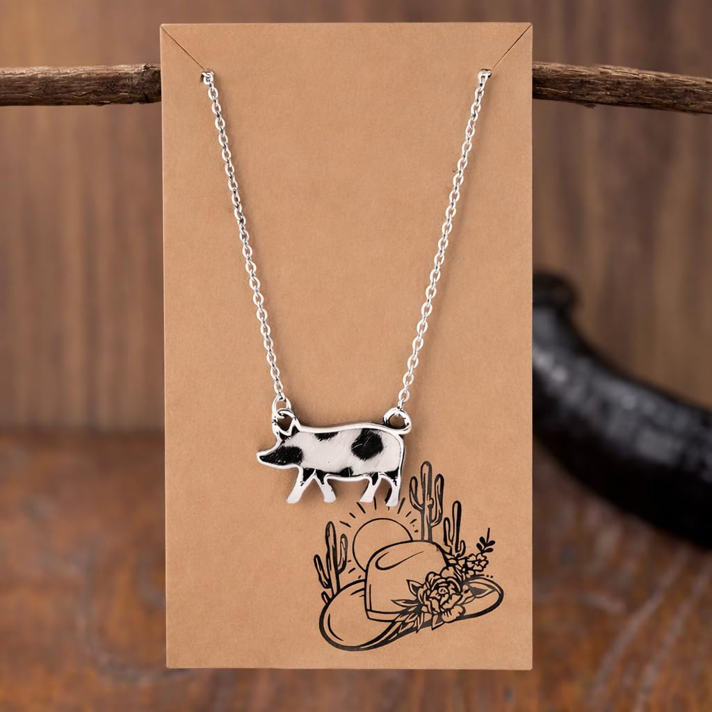 SUPAC Western Farm Animal Pendant Necklace, Cow, Horse, Goat, and Pig Hide - Silver Chain, 15.35 inch + 1.97 inch Extension