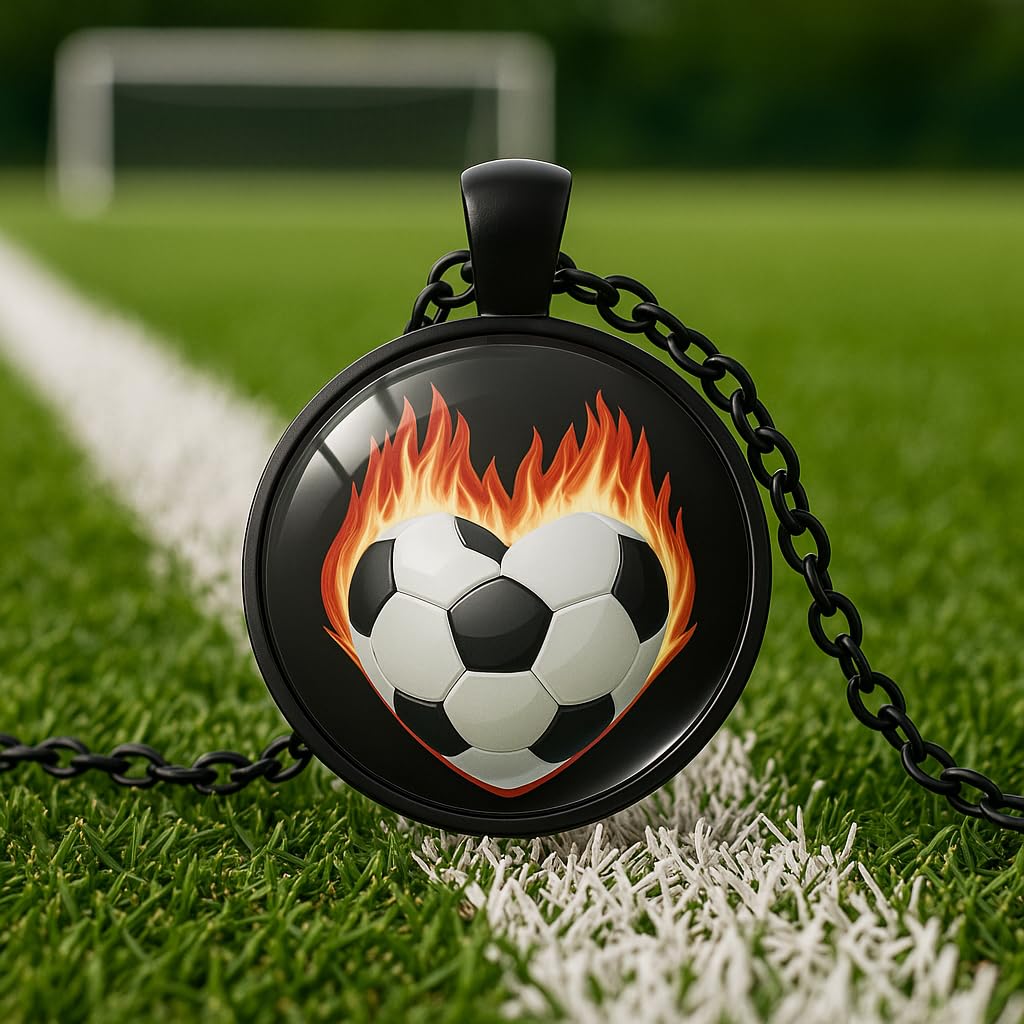 SUPAC Sports Pendant Necklace with Flaming Soccer Ball and Baseball Design, 21.65 inch Chain with 1.97 inch Extension, Black (Soccer)