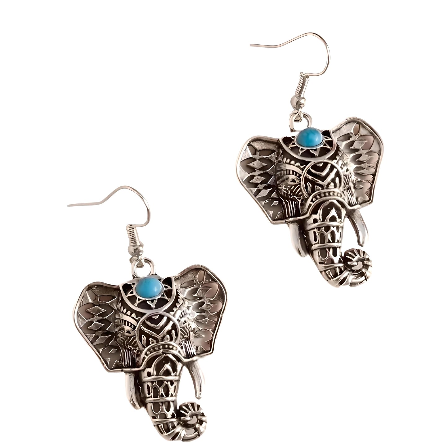 SUPAC Elephant Necklace, Silver Design - Elephant Lovers' Gift - Adjustable Vintage Elephant Ring with Turquoise Inlay – Unisex Boho Style Alloy Jewelry for Everyday & Party