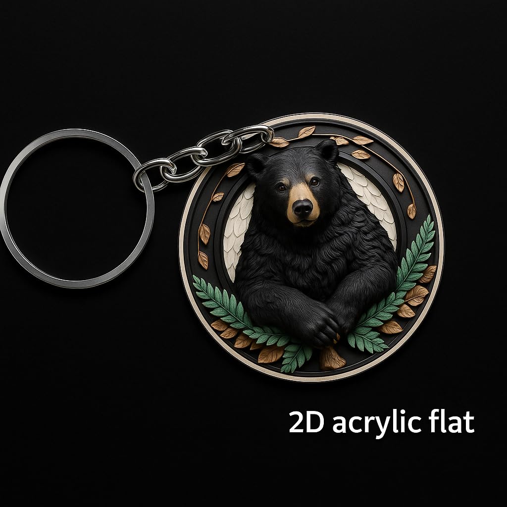 SUPAC 1pc Unique Bear With Forest Background Shaped Metal Keychain - Fashionable Circular Animal Keyring for Men and Friends