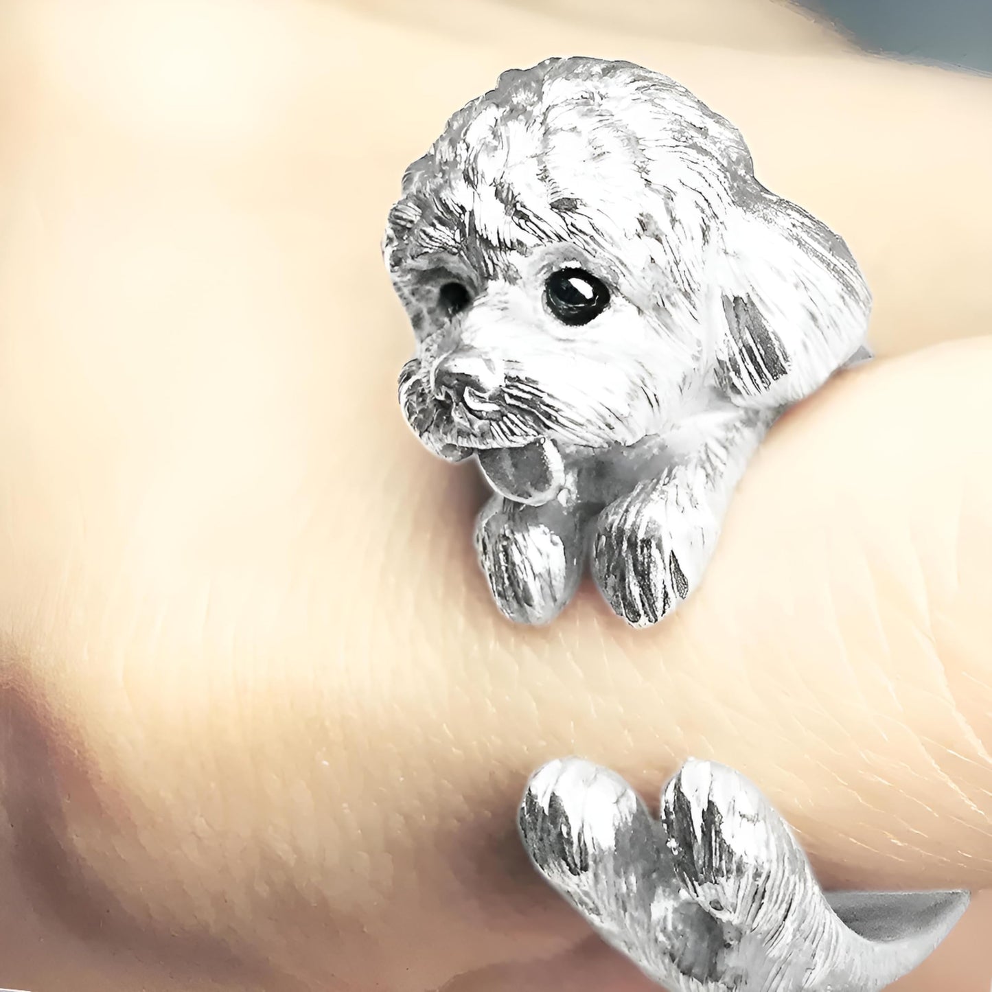 SUPAC Adjustable Silver Dog Ring, Westie Terrier and Bulldog Design, Fashion Jewelry (Poodle)