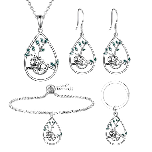 Sloth Jewelry Set, Sterling Silver Teardrop Pendant Necklace, Earrings, Bracelet and Keychain with Green Leaf Design