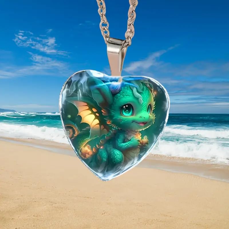 Cute Green Dragon Necklace, Glass Heart Pendant Charm with Stainless Steel Chain - Holiday, Christmas, or Birthday Gift