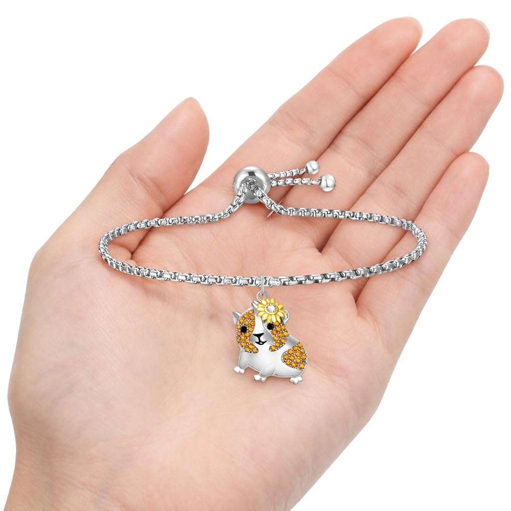 SUPAC Guinea Pig Hampster Charm Bracelet, Silver-Plated 316L Stainless Steel, Adjustable Bolo Style with Orange Cubic Zirconia, Hypoallergenic