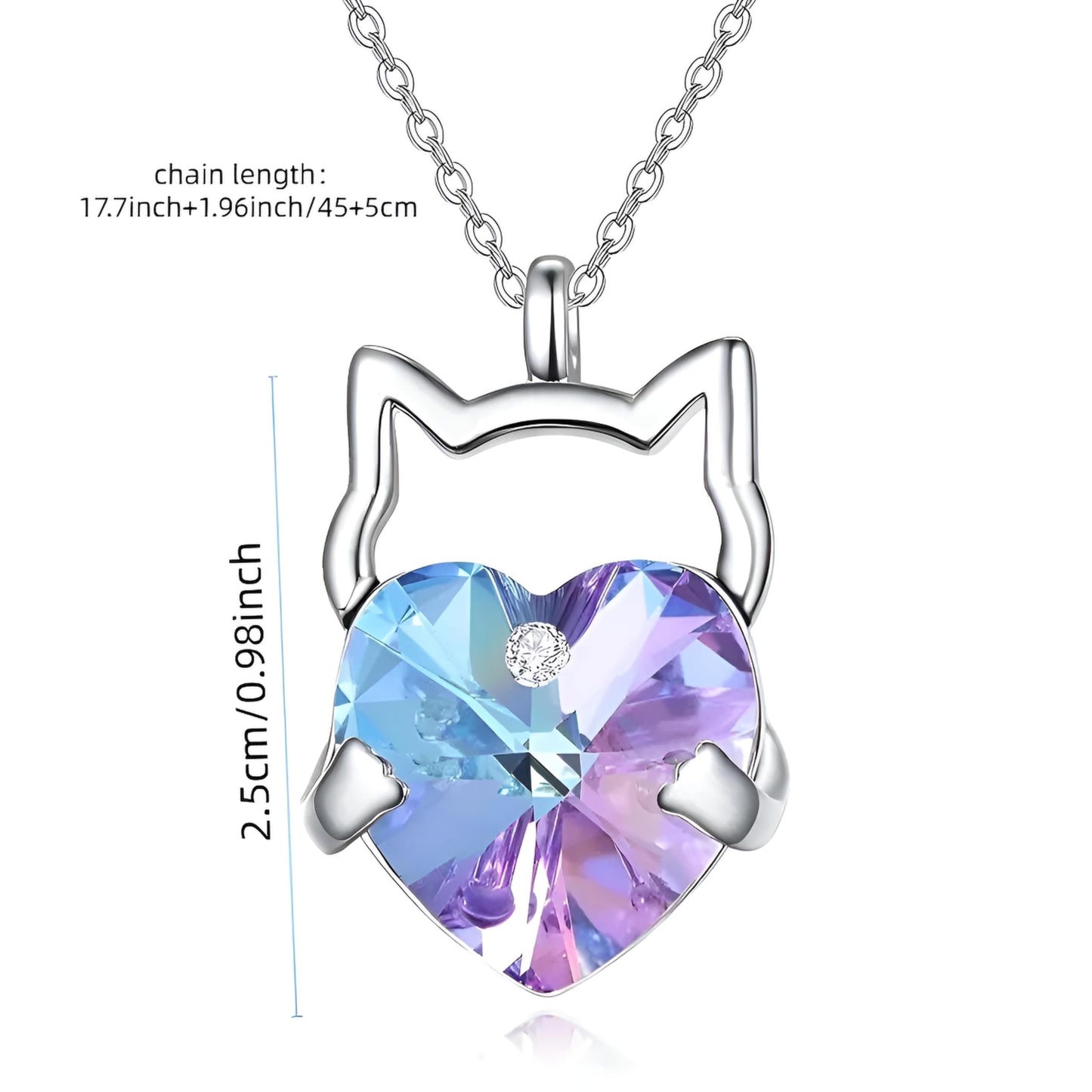 Crystal Cat Pendant Necklace, Silver Chain with Sleeping Cat Design, 17.7 inch Length