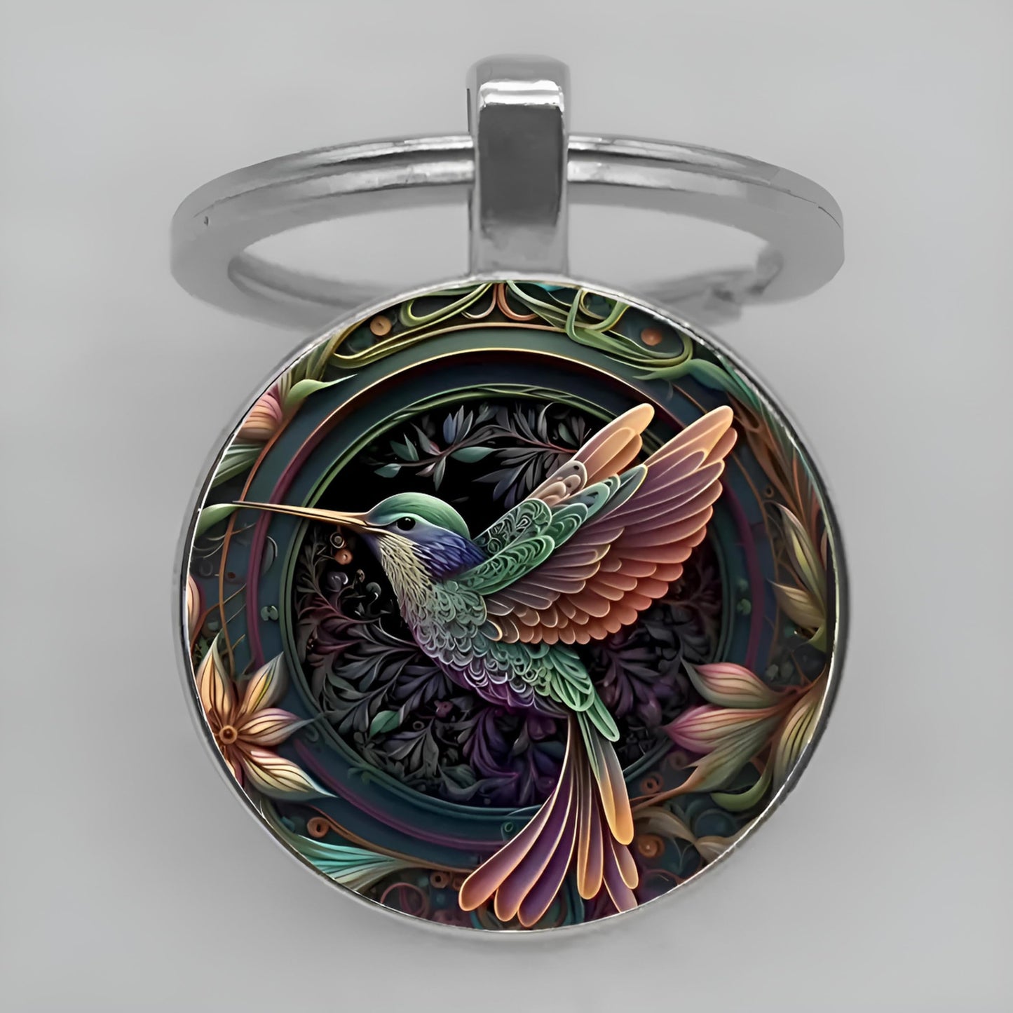 SUPAC Artistic Hummingbird Keychain, 2D Flat Stainless Steel, Silver Frame with Floral Background, 1.1 x 0.98 Inch Pendant