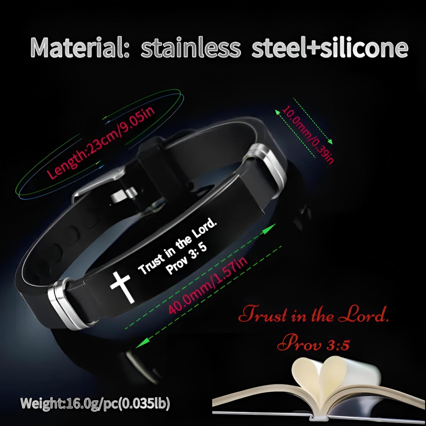 Christian Cross Bracelet with Proverbs 3:5, Phillipians 4:13, Matthew 19:26, Isaiah 41:10, Luke 1:37, Matthew 28:20 Scripture, Black Silicone Adjustable Watch Band, 9.05 inch Length