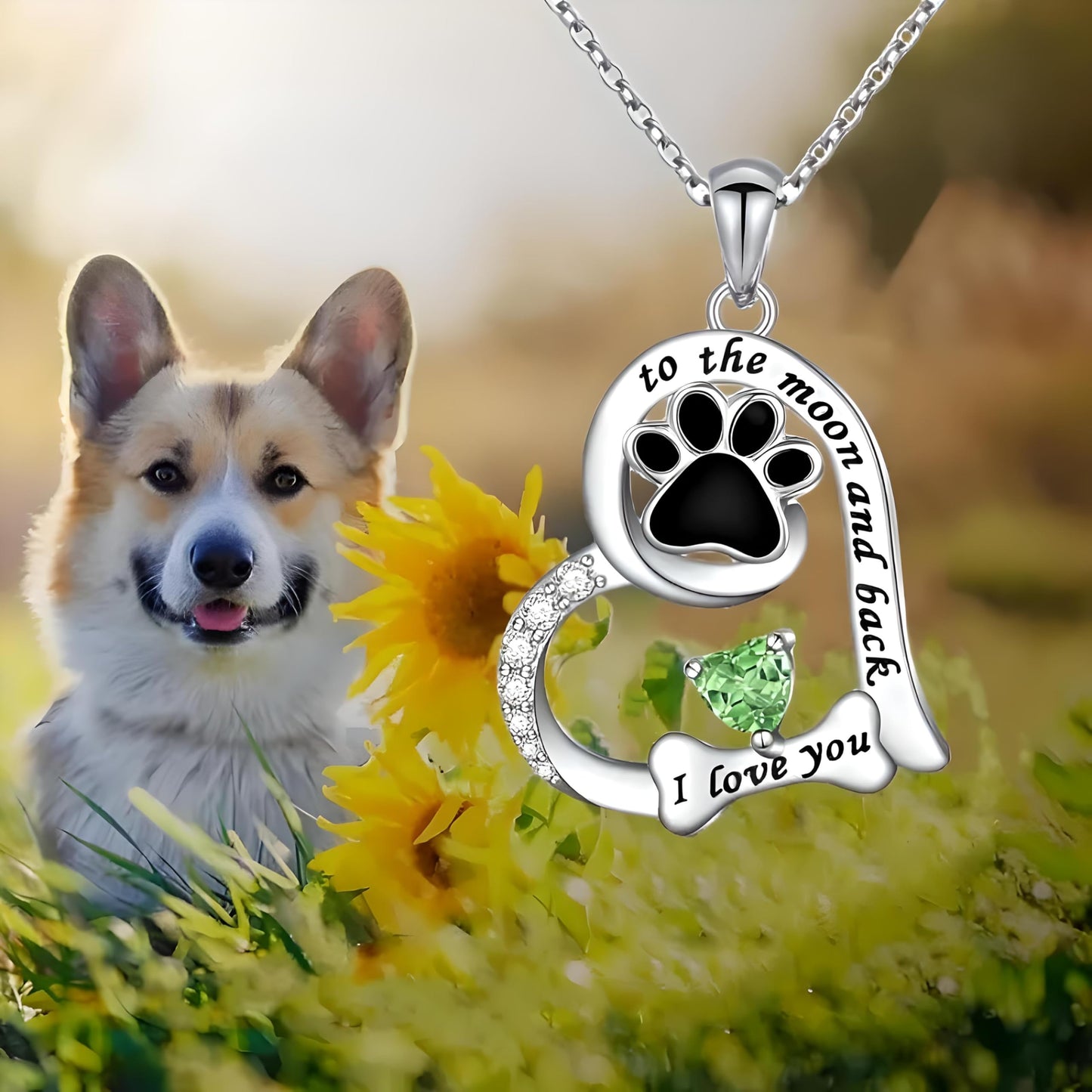 SUPAC Dog Paw Love Pendant Necklace, to the moon and back, I love you- Jewlery Gift for Birthdays or Christmas. Multiple Color Options of Simulated Diamond