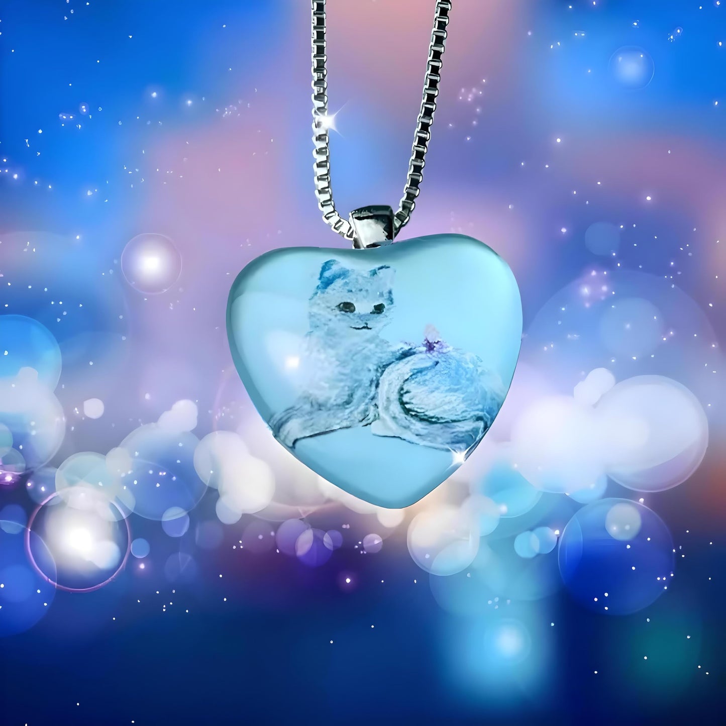 Crystal Heart Cat Pendant Necklace, Blue Glass Heart with Silver Cat Design