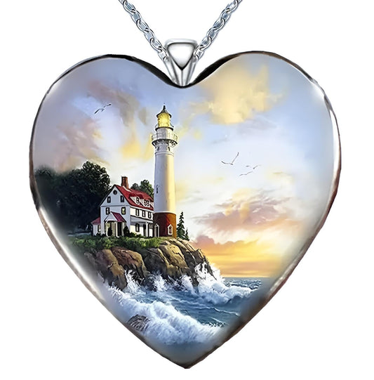 Vibrant Landscape Lighthouse Heart Pendant Necklace, Stainless Steel Chain - Christmas, Holiday, or Birthday Gift