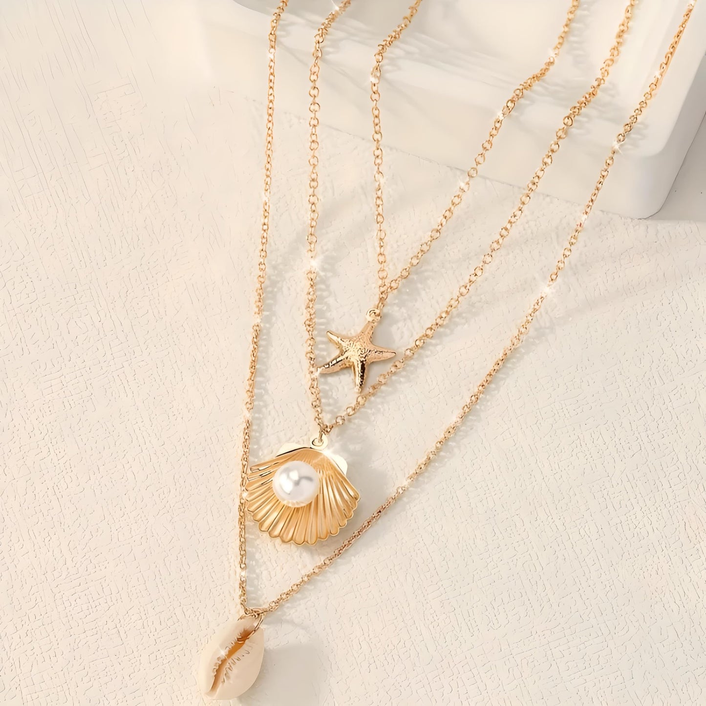 Layered Beach Necklace Set, Gold Tone Starfish Shell Pearl Pendant, 3-Piece Chain