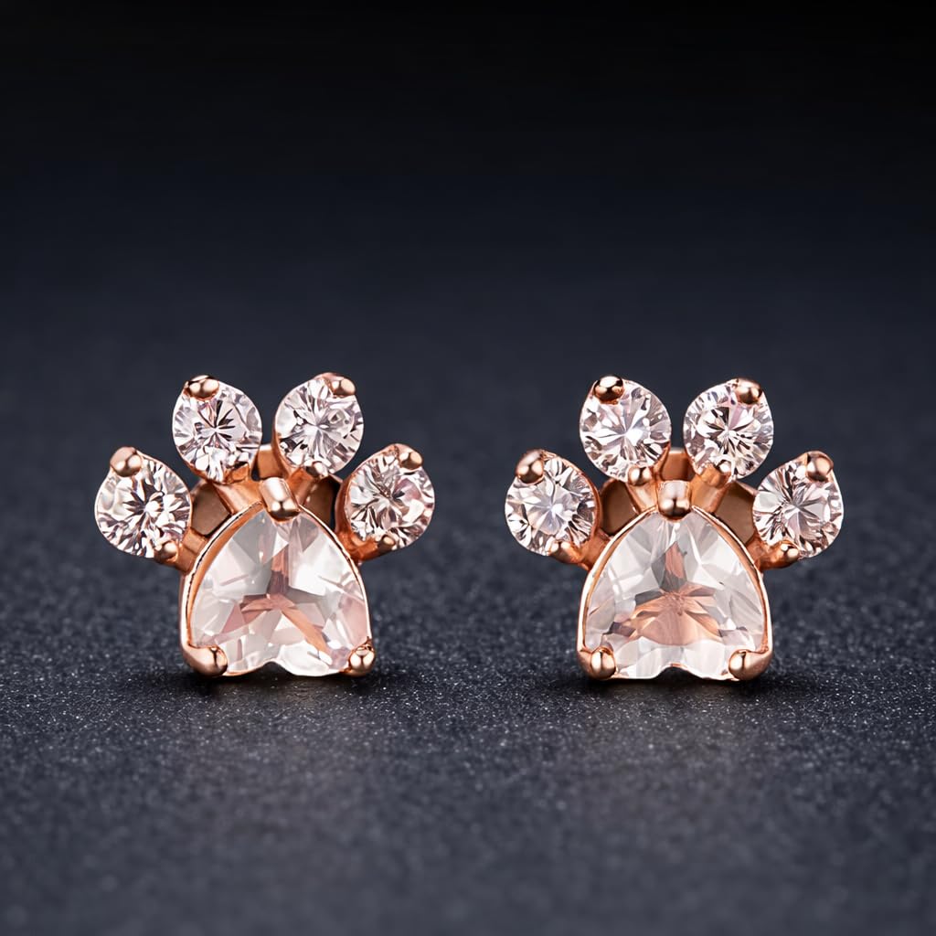 Rose Gold Cat Stud Earrings, Dog Paw Earrings, Pink Glass Crystal, Rhinestone Accents, 0.63 x 0.35 inches - Cat Earrings Gift