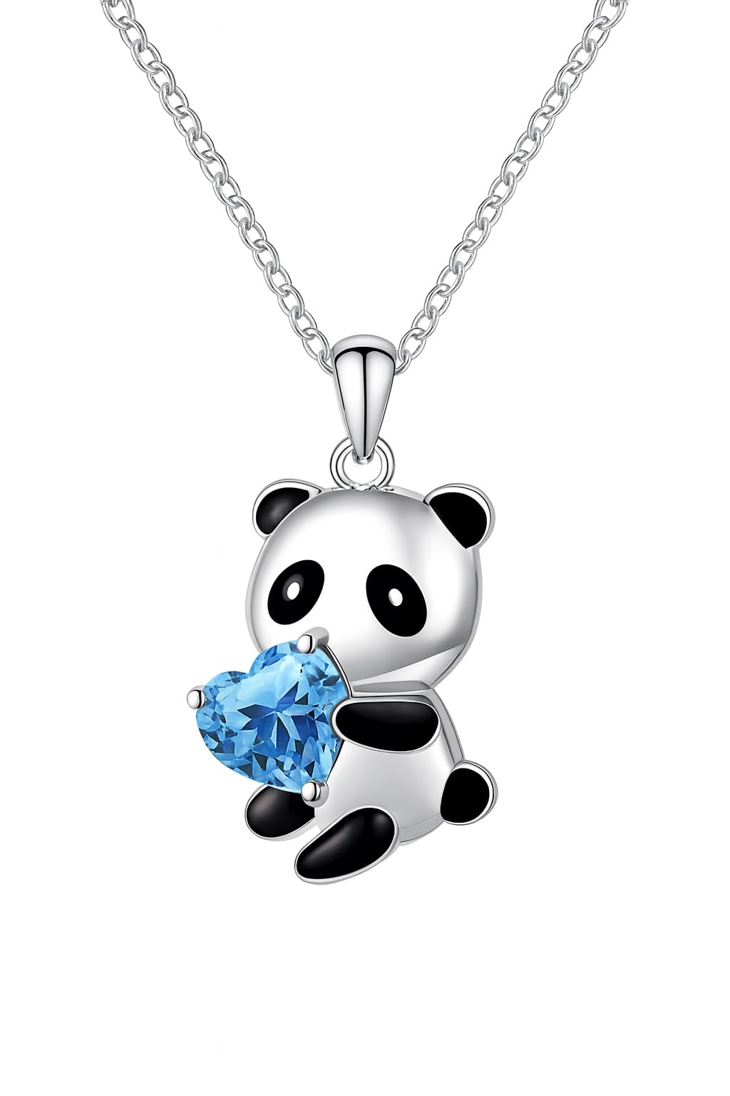 Cute Panda Heart Crystal Pendant Necklace, 17.7 inch Chain, Silver - 6+ Color Options