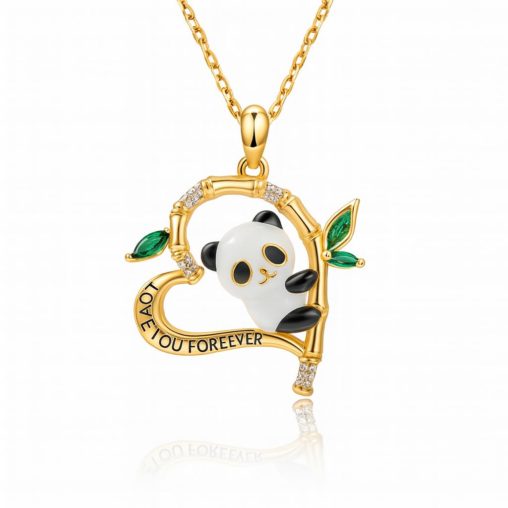 SUPAC Love You Forever Gold Panda Heart Necklace, 19.68 Inch Chain, Crystal Bamboo Leaves Design with Green Gemstones, Romantic Gift Jewelry