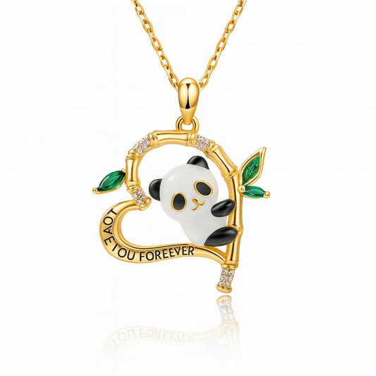 SUPAC Love You Forever Gold Panda Heart Necklace, 19.68 Inch Chain, Crystal Bamboo Leaves Design with Green Gemstones, Romantic Gift Jewelry