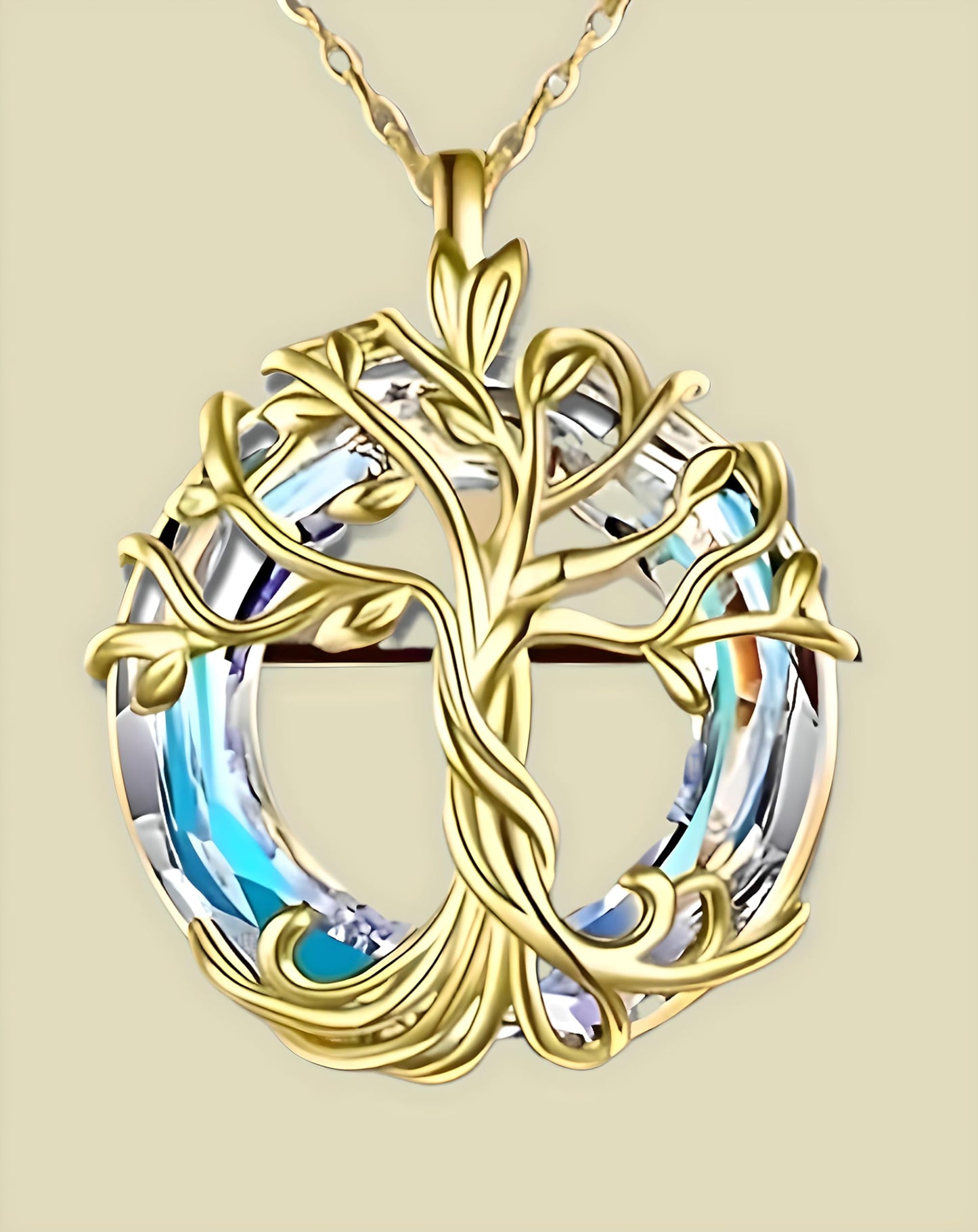 SUPAC Tree of Life Swing, Sloth, Horse + Other Styles Pendant Necklace, Silver Chain, Crystal Rainbow Background - Gift for Friends (Gold Tree of Life)