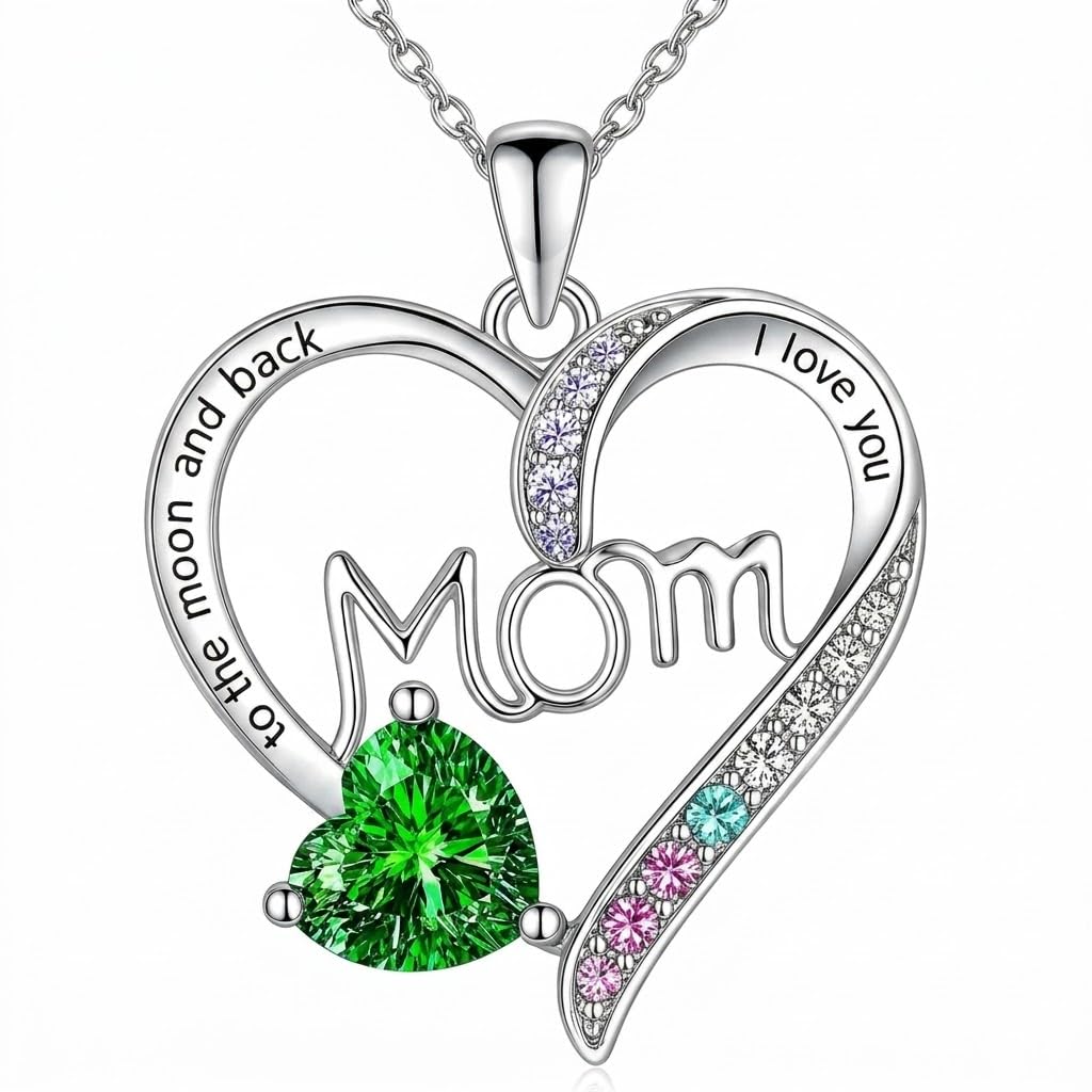 SUPAC Heart Mom Necklace, Sterling Silver Crystal Pendant with Pink Heart Stone, I Love You to the Moon and Back - Mother's Day Gift