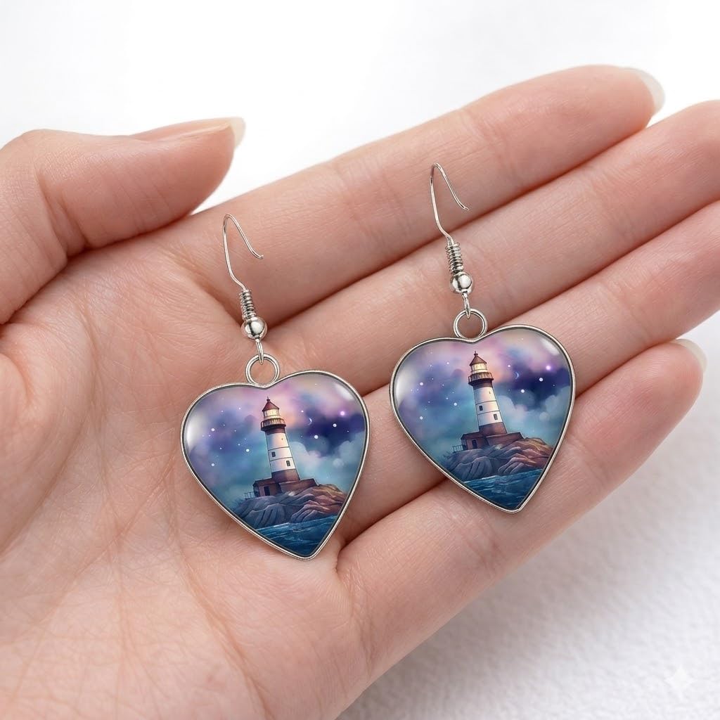Teardrop Lighthouse Dangle Earrings, Nautical Design, 1.77 inch Length, Silver