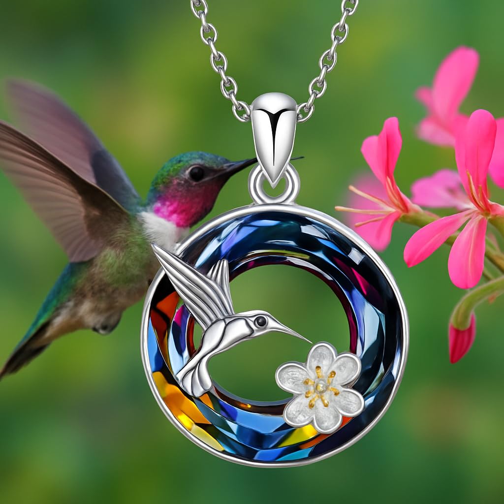 Stainless Steel Animal Pendant Necklace Set, Elephant with Sunflower, Hummingbird, Cat Design, Multi-Color Crystal (Hummingbird)