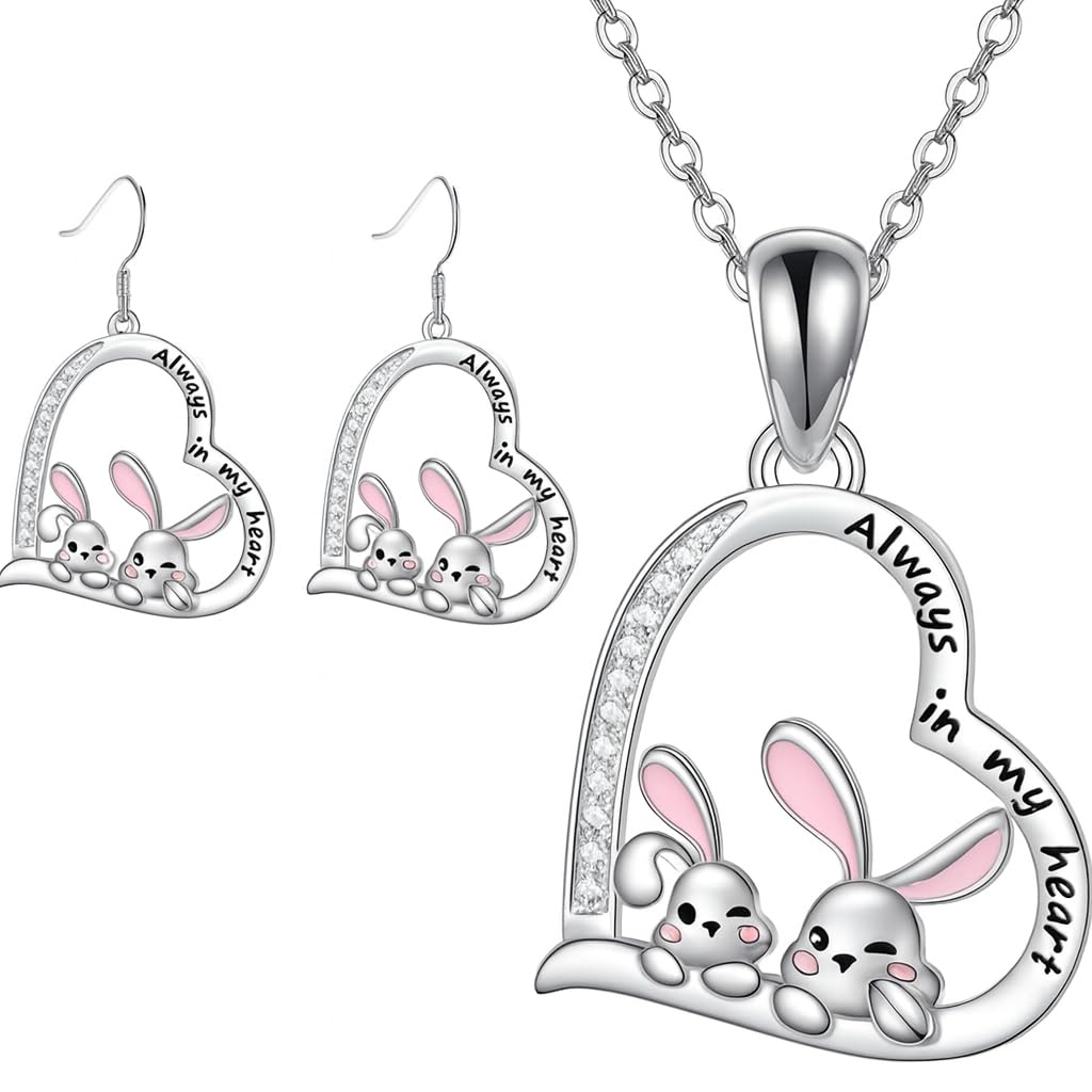 SUPAC Pair of Bunnies & Heart Pendant Necklace Always in My Heart - White Golden Plated Alloy with Resin Accents, Birthday or Friendship Gift, 3+ Options
