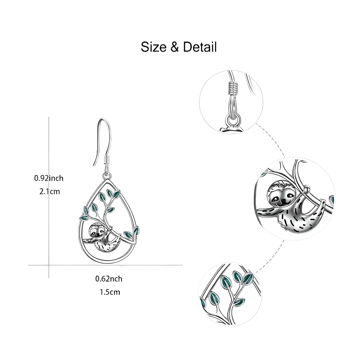 Sloth Jewelry Set, Sterling Silver Teardrop Pendant Necklace, Earrings, Bracelet and Keychain with Green Leaf Design