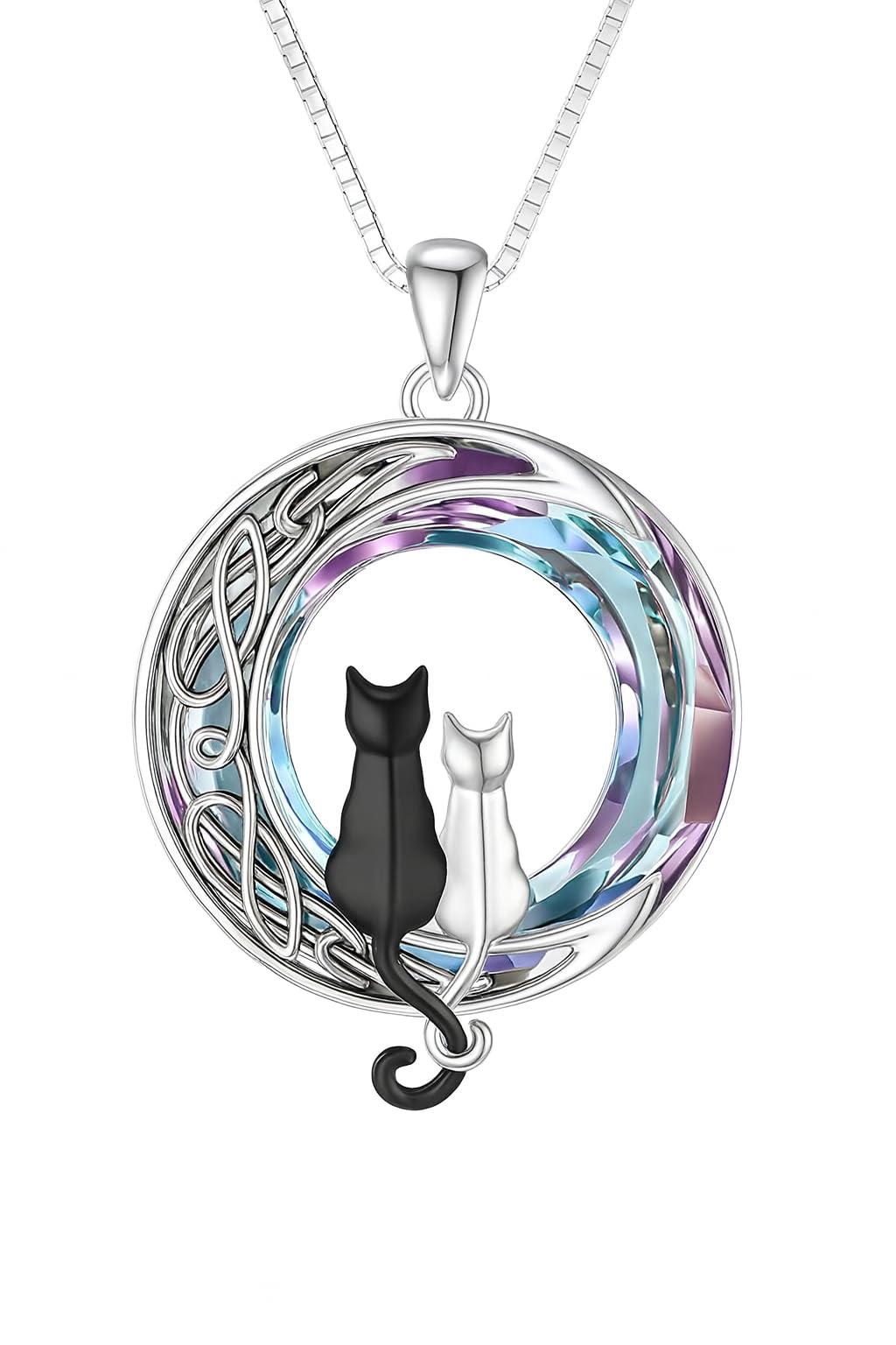 SUPAC Two Cats Moon Pendant Necklace, Black and White Cats, Celtic Design, 1.1 x 0.8 inch