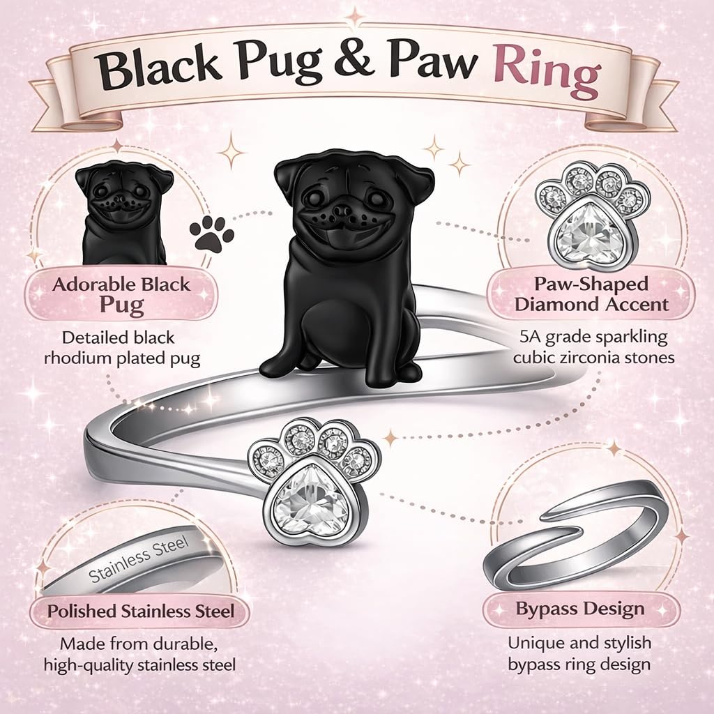 SUPAC German Shepherd, Yorkie, Pug Dog Paw Adjustable Ring, Sterling Silver, Paw Print Design with Crystal Accents - Christmas, Birthday, or Party Ring