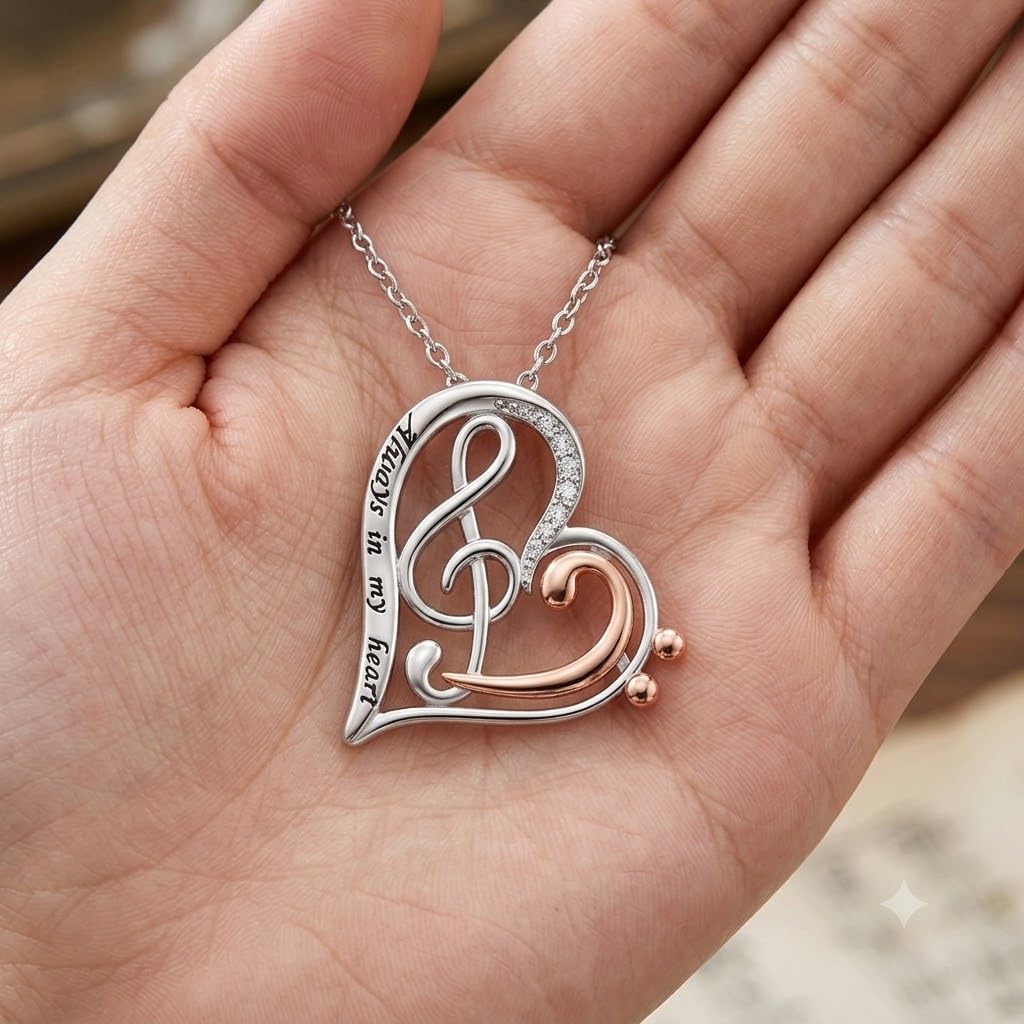 SUPAC Musical Note Heart Necklace, Stainless Steel and Rose Gold Two-Tone Treble Clef Design with Crystals - 'Always in my heart' Engraved