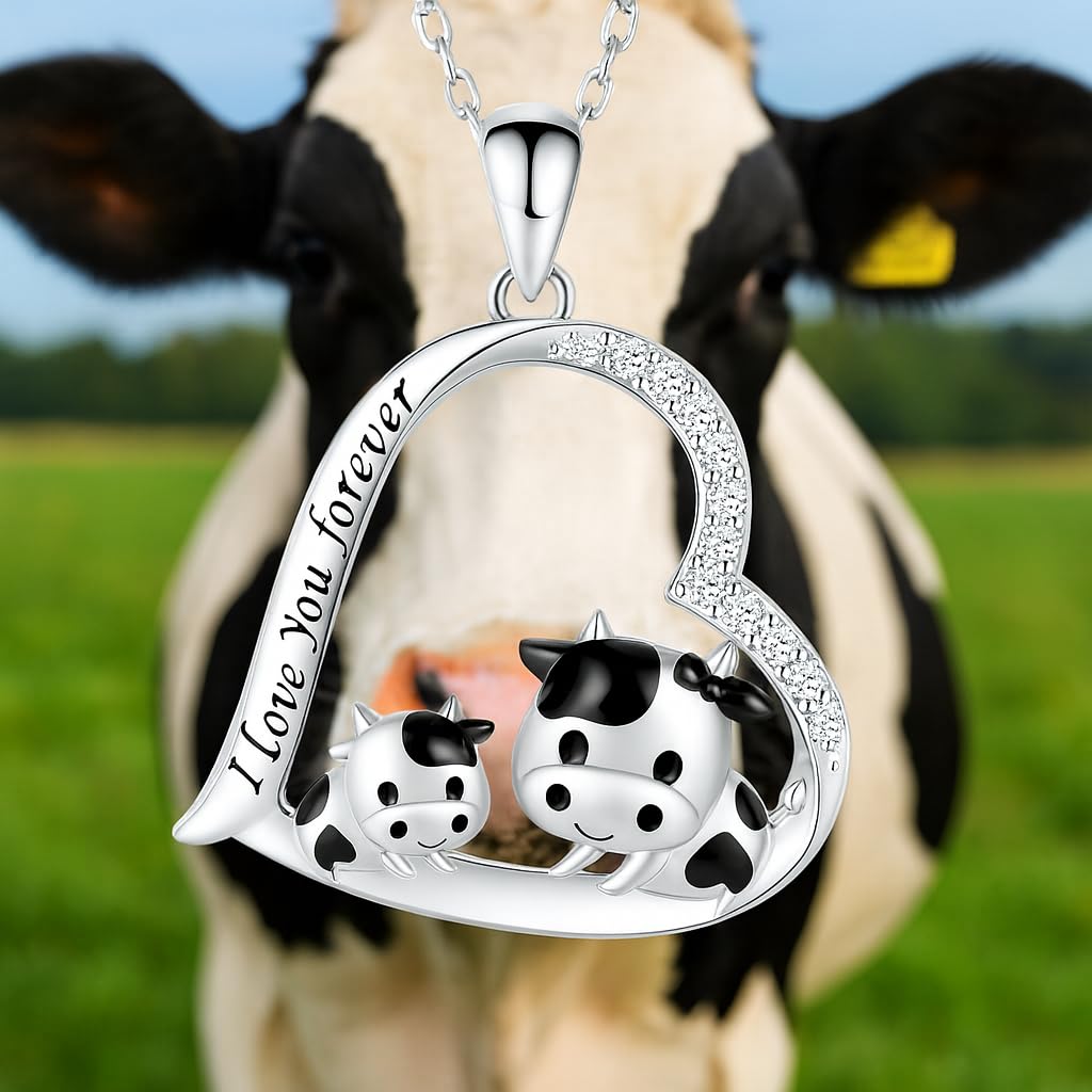 Blue Heart Shaped Mother and her Calf Cow Pendant Necklace for Women - Mother's Day Gift, Christmas, or Birthday Gift