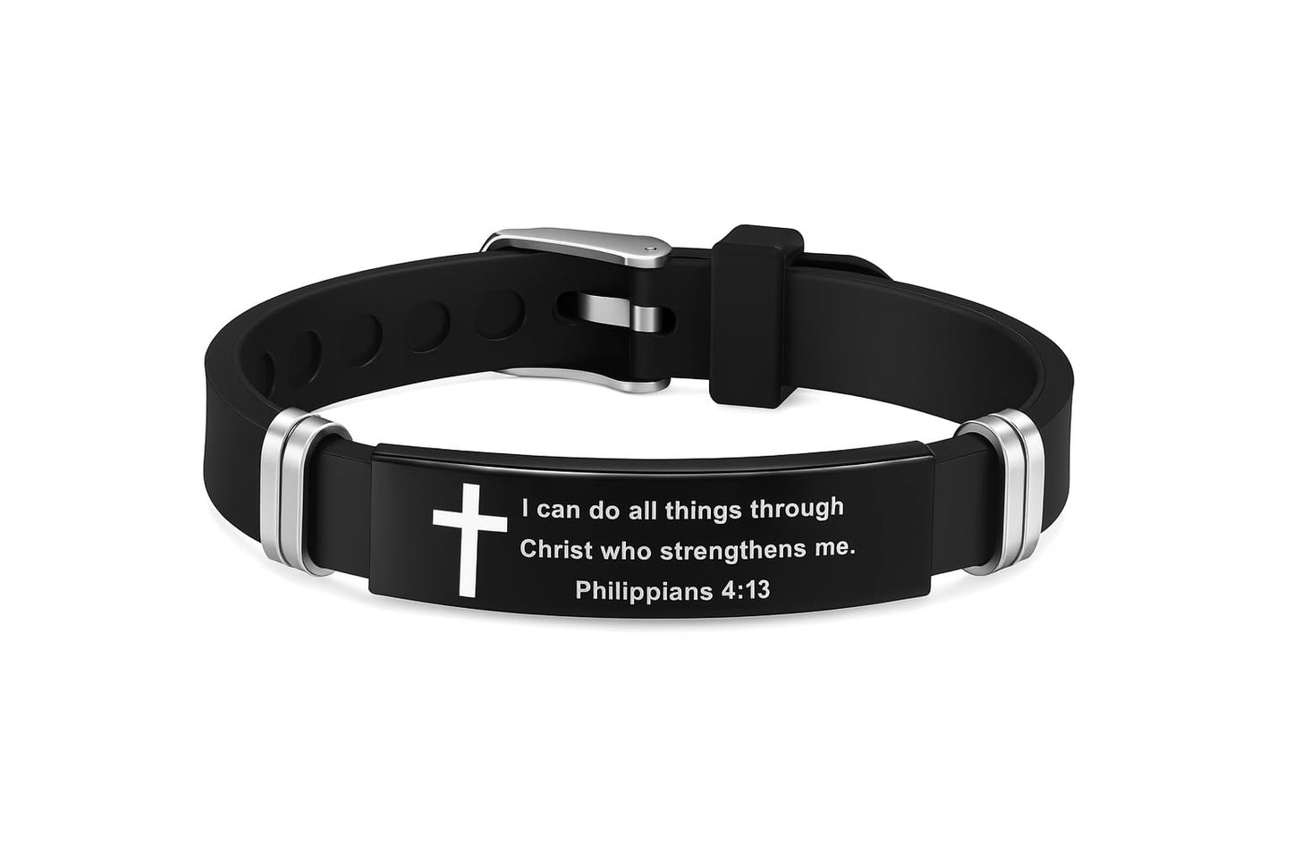 Christian Cross Bracelet with Proverbs 3:5, Phillipians 4:13, Matthew 19:26, Isaiah 41:10, Luke 1:37, Matthew 28:20 Scripture, Black Silicone Adjustable Watch Band, 9.05 inch Length
