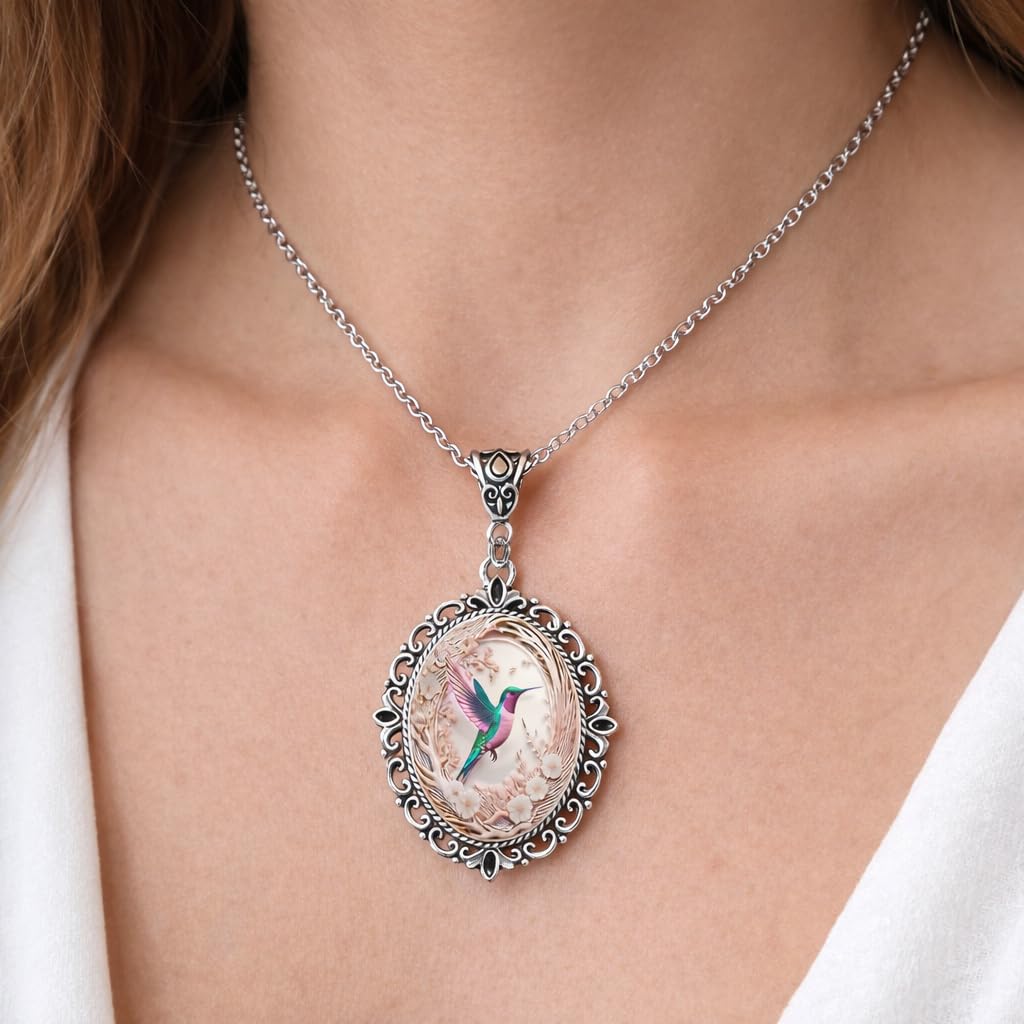 SUPAC Stunning Hummingbird Pendant Necklace - Two Humming Birds Searching for Flower - Fashionable Alloy Jewelry with Delicate Details - Birthday, Party, Gift Idea for Her