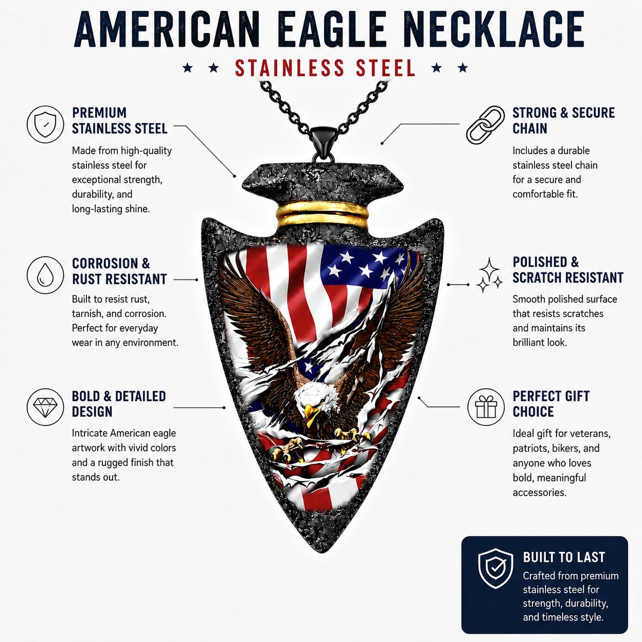 SUPAC Bald Eagle Triangle Pendant Necklace - Fashion-Forward Hip Hop Style - Durable & Bold Accessories for Men - Gift Idea for Every Occasion