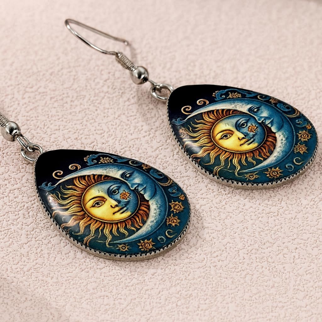 Celestial Sun and Moon Dangle Earrings, Mystical Design, Silver Hook, Teardrop and Rectangle Shapes, Decorative Jewelry Set - Oil Painting Style Glass Mosaic