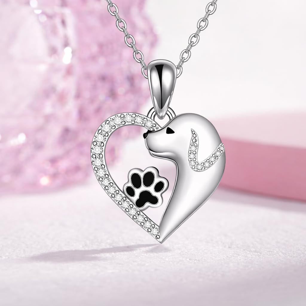 SUPAC Dog Breeds Necklace, German Shepherd, Labrador Retriever, Heart Pendant Necklace, Black and Gold, Crystal Paw Print Design, Dog Lovers Gift