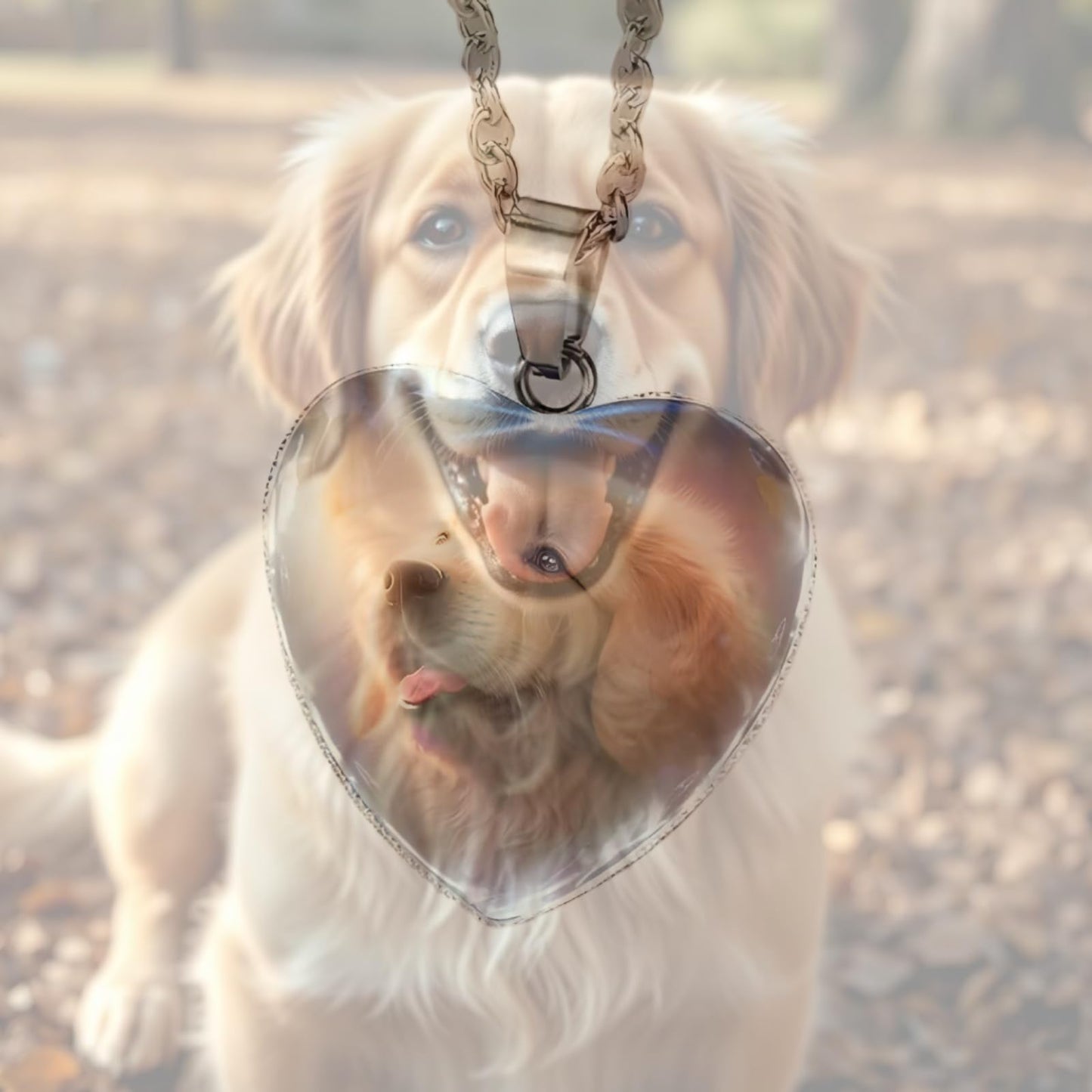 Heart-Shaped Pendant Necklace with Different Animals - Panda, Horse, Deer, Cat, Elephant, Dog Scenic Views, Stainless Steel Necklace with Glass Pendant - Christmas, Holiday, or Birthday Gift (Golden Retriver)