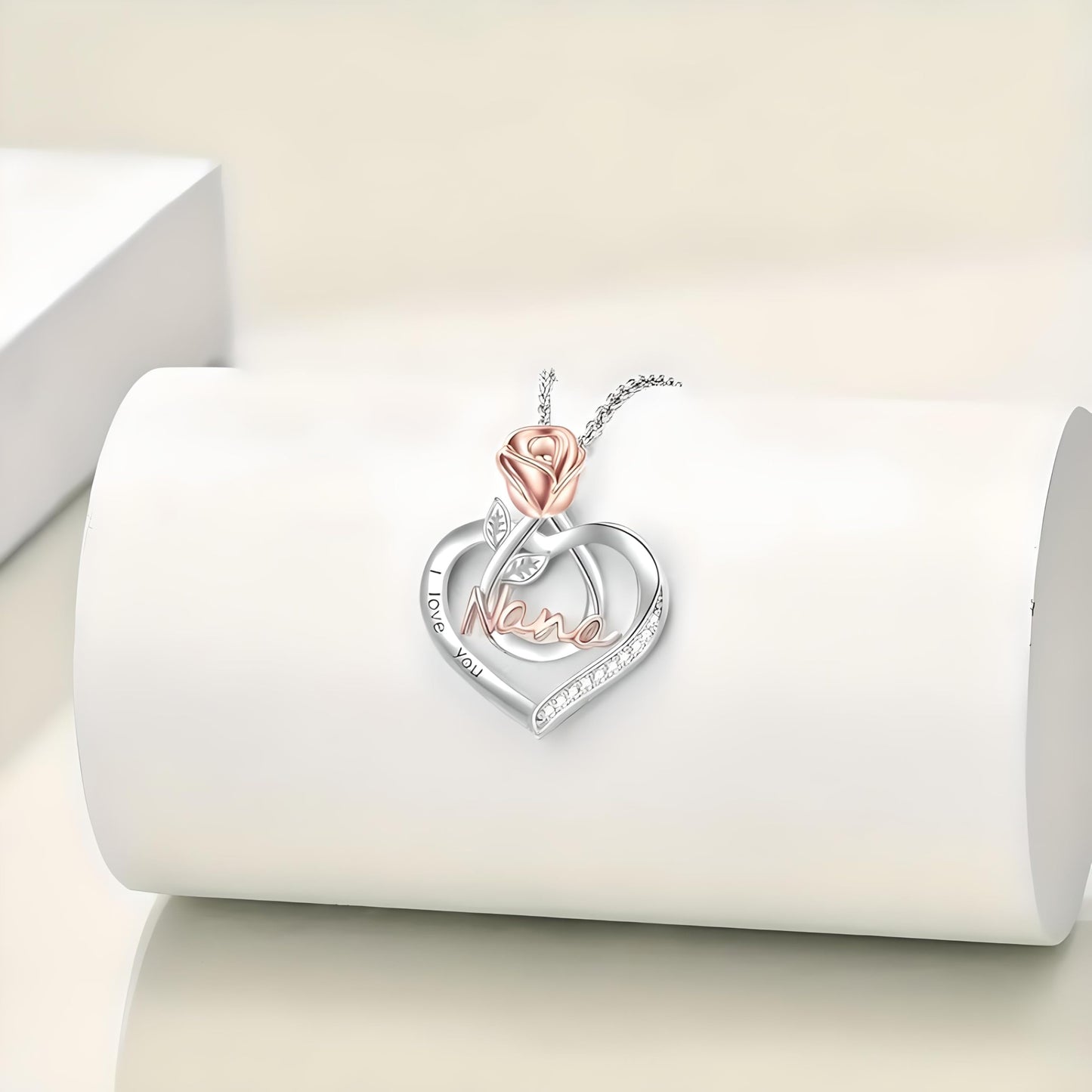 Rose Gold and Silver Heart Nana Pendant Necklace with Crystals